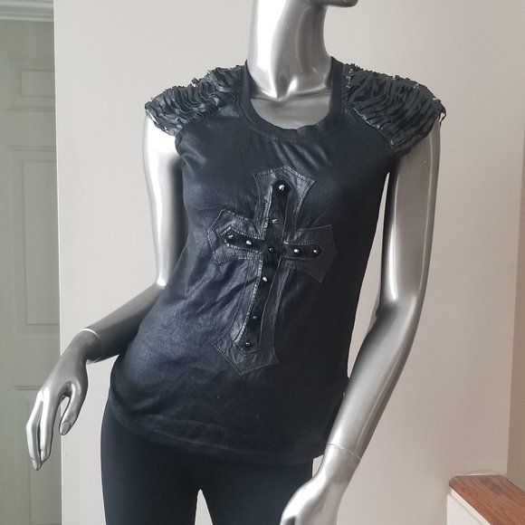 Faux Leather Cross Black T - with free gift - Picture 4 of 4